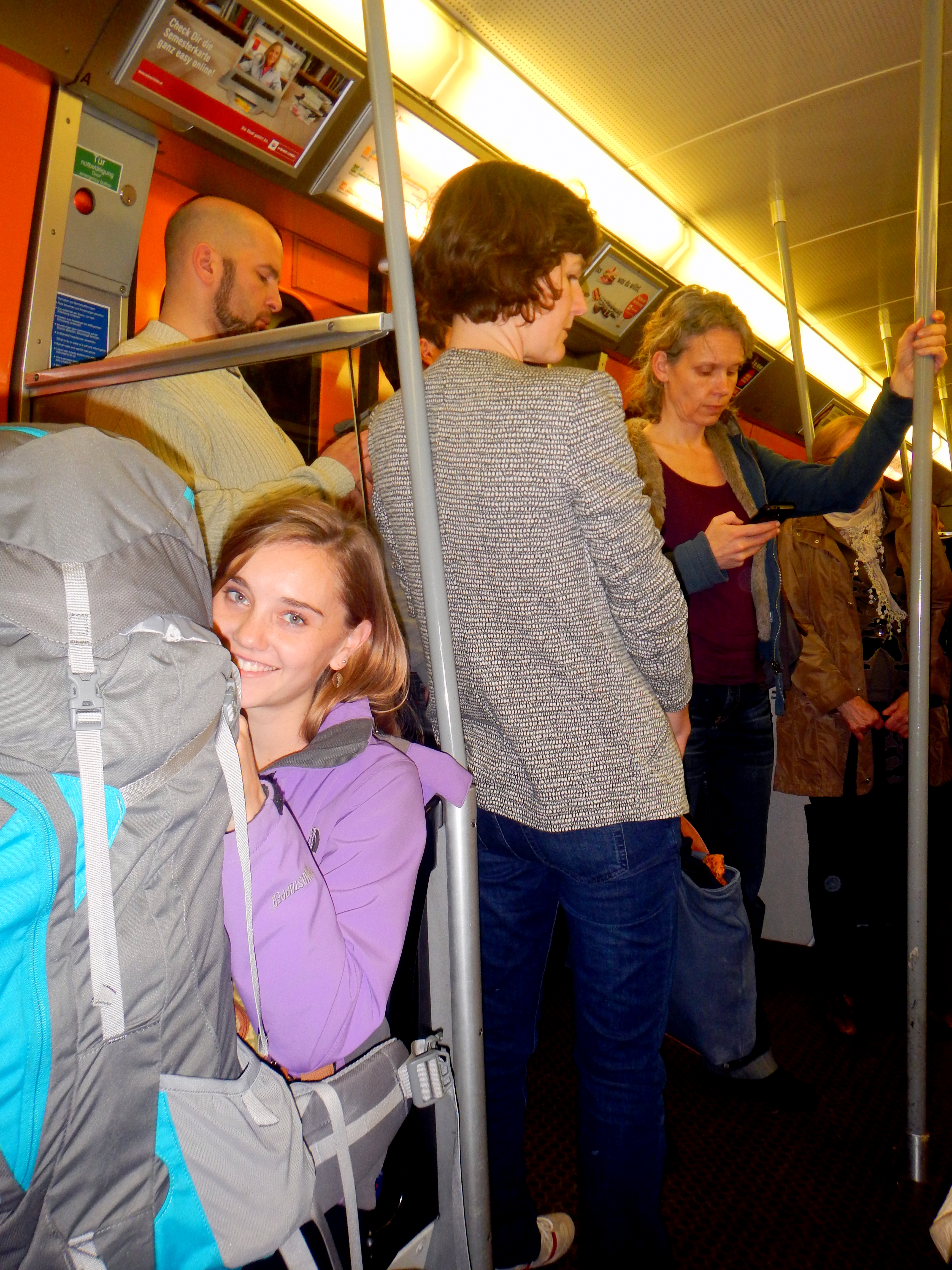 Rush hour on the subway, and we've got giant backpacks, Austria