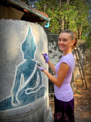 Working on a mosaic for the Mindfulness Project's jungle monastery, near Khon Kaen Thailand.