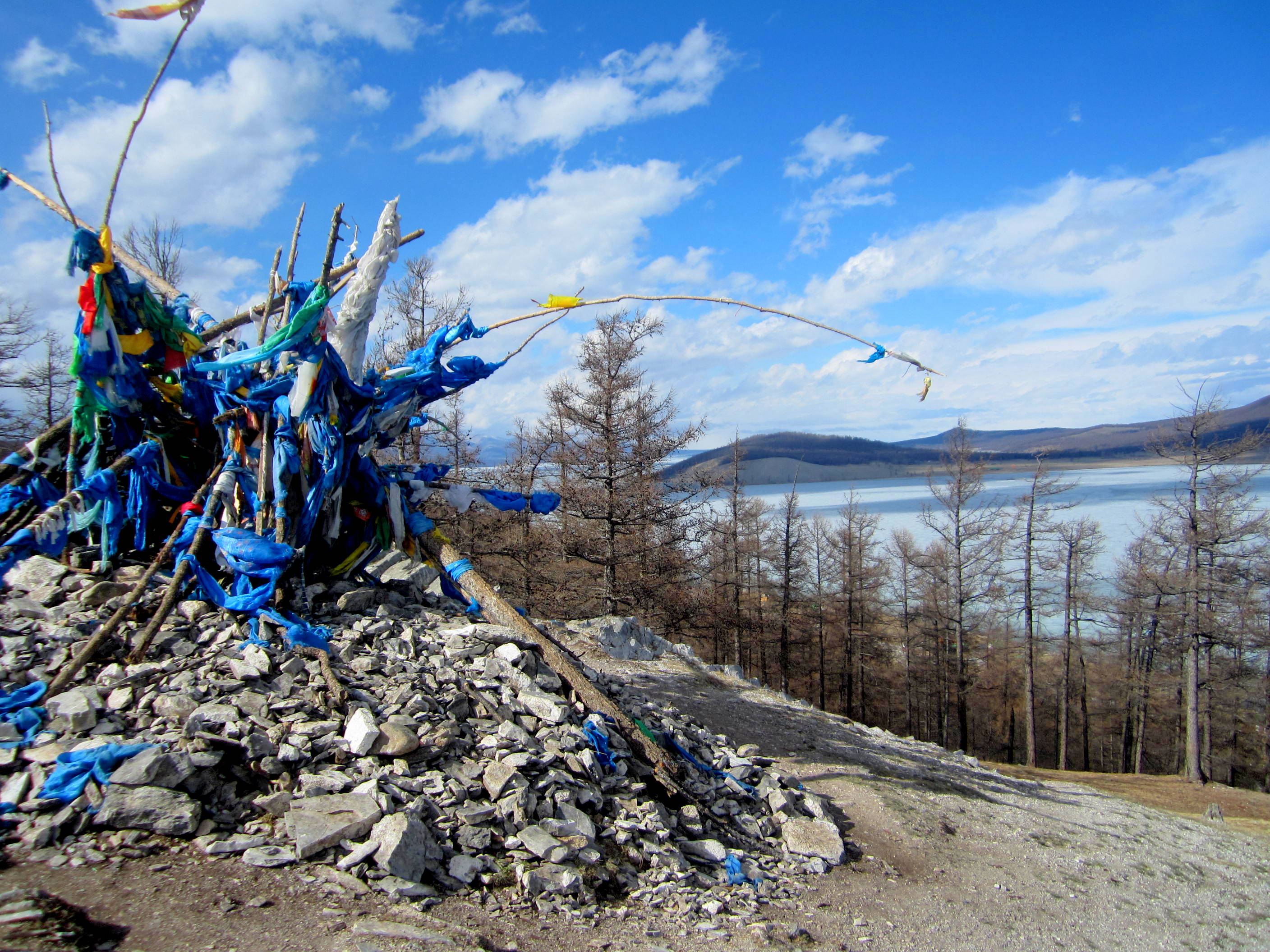 A traditional shrine, called an Ovoo. This one is at the top of a hill overlooking Khatgal and Lake Khövsgöl.